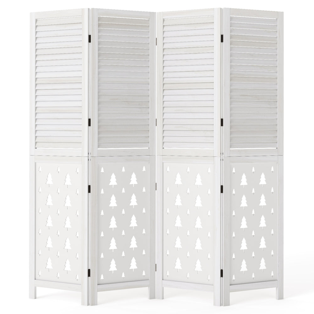 Four-panel 67" tall wood room divider made of solid paulownia wood with tree patterns, ideal for indoor privacy.
