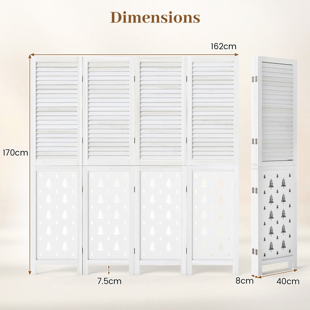 Four-panel wooden room divider with tree-inspired patterns, made of solid paulownia wood, ideal for indoor privacy.