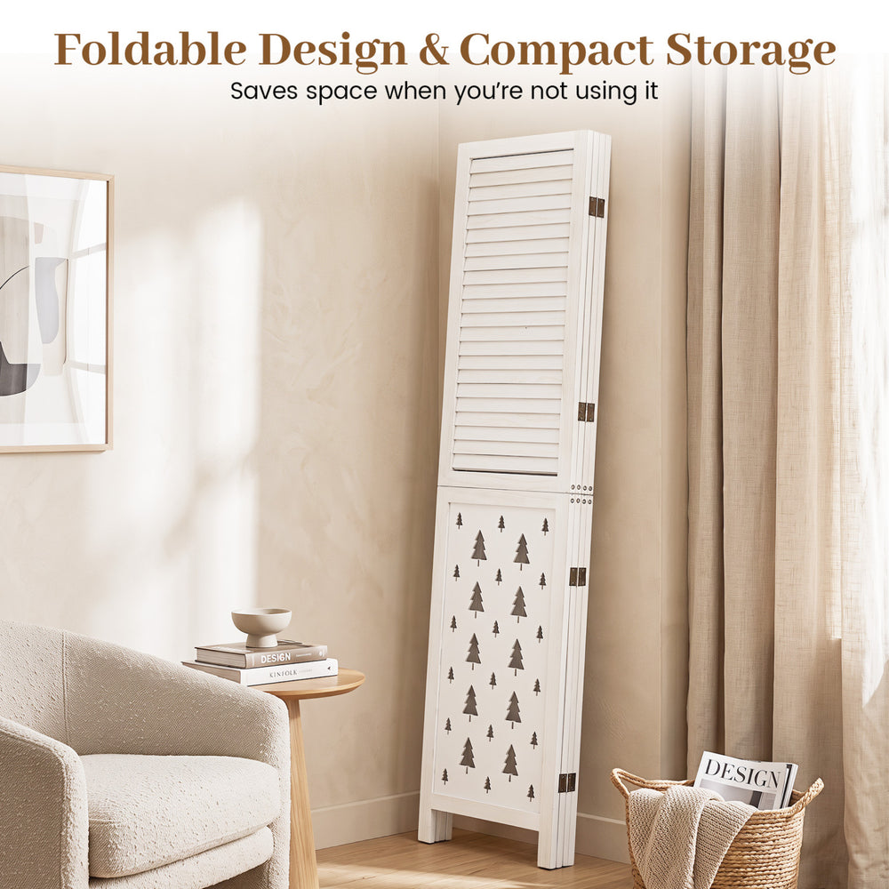 67" tall wood room divider with tree-inspired patterns, foldable design, and compact storage for versatile indoor use.