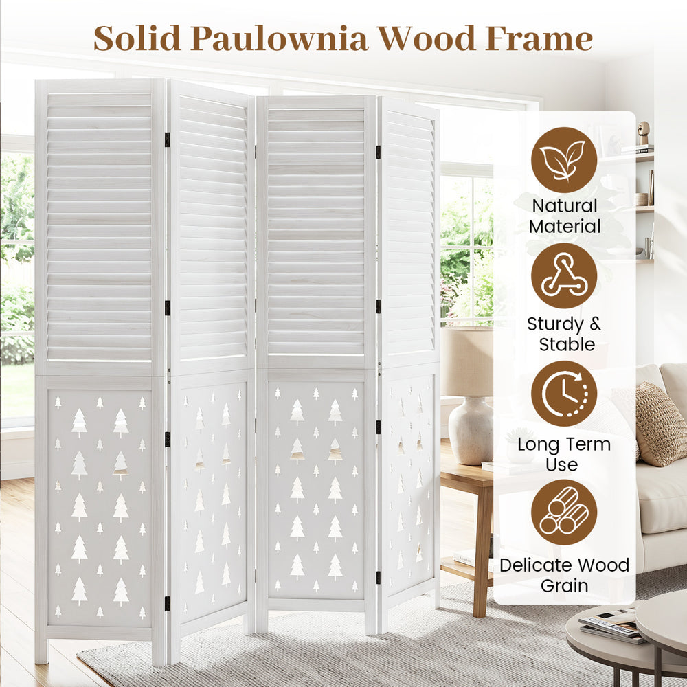 Wood room divider with a solid paulownia wood frame and tree-inspired patterns, ideal for privacy and elegant decor.