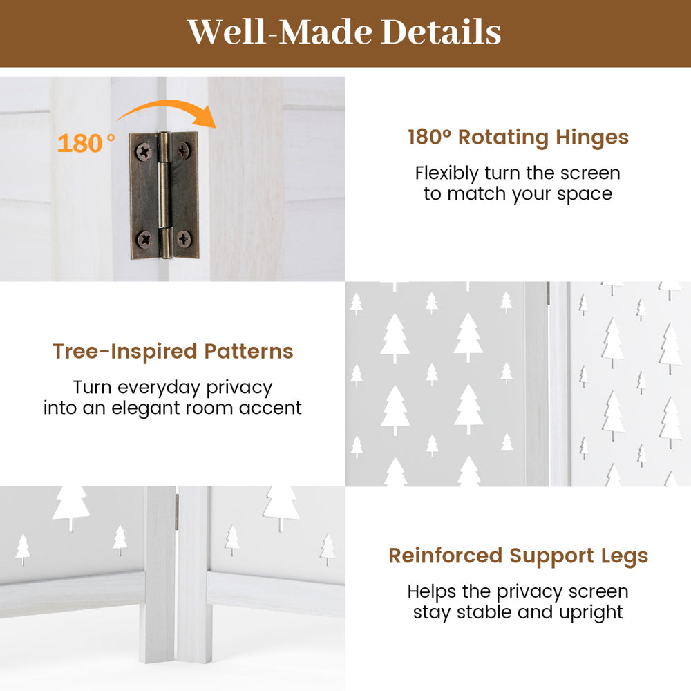 Wood room divider with tree-inspired patterns and 180° rotating hinges, ideal for privacy in any indoor space.