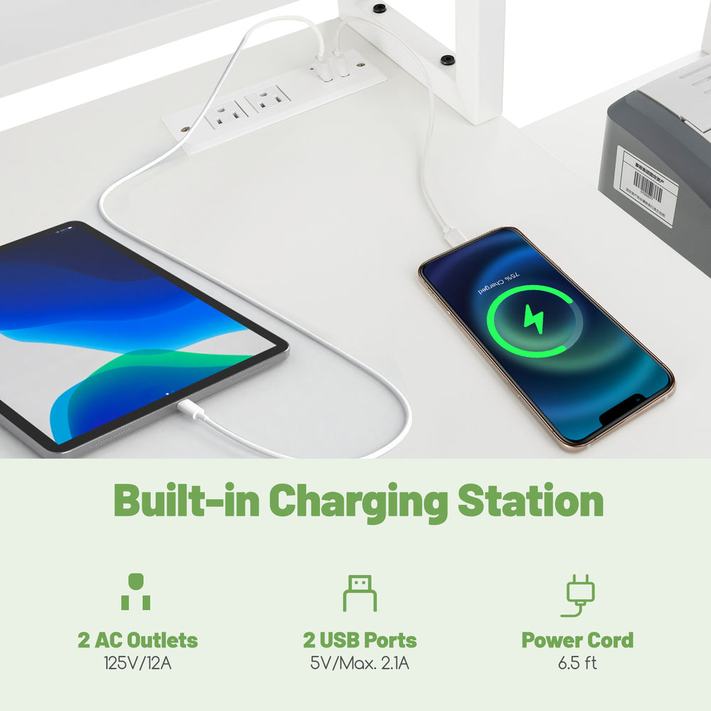 Built-in charging station with 2 AC outlets and 2 USB ports on the 67-inch white computer desk for convenient power.