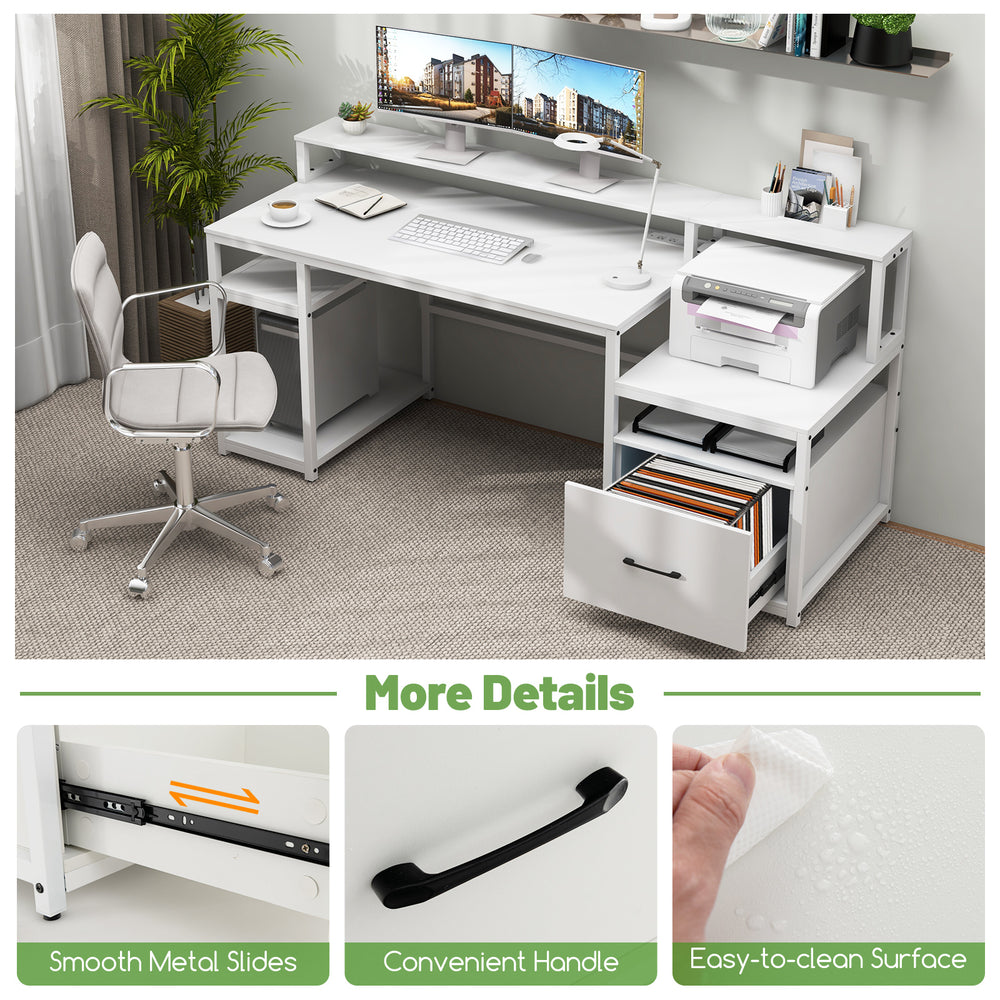 67-inch white computer desk featuring a monitor stand, file drawer, and convenient USB ports for efficient workspace.