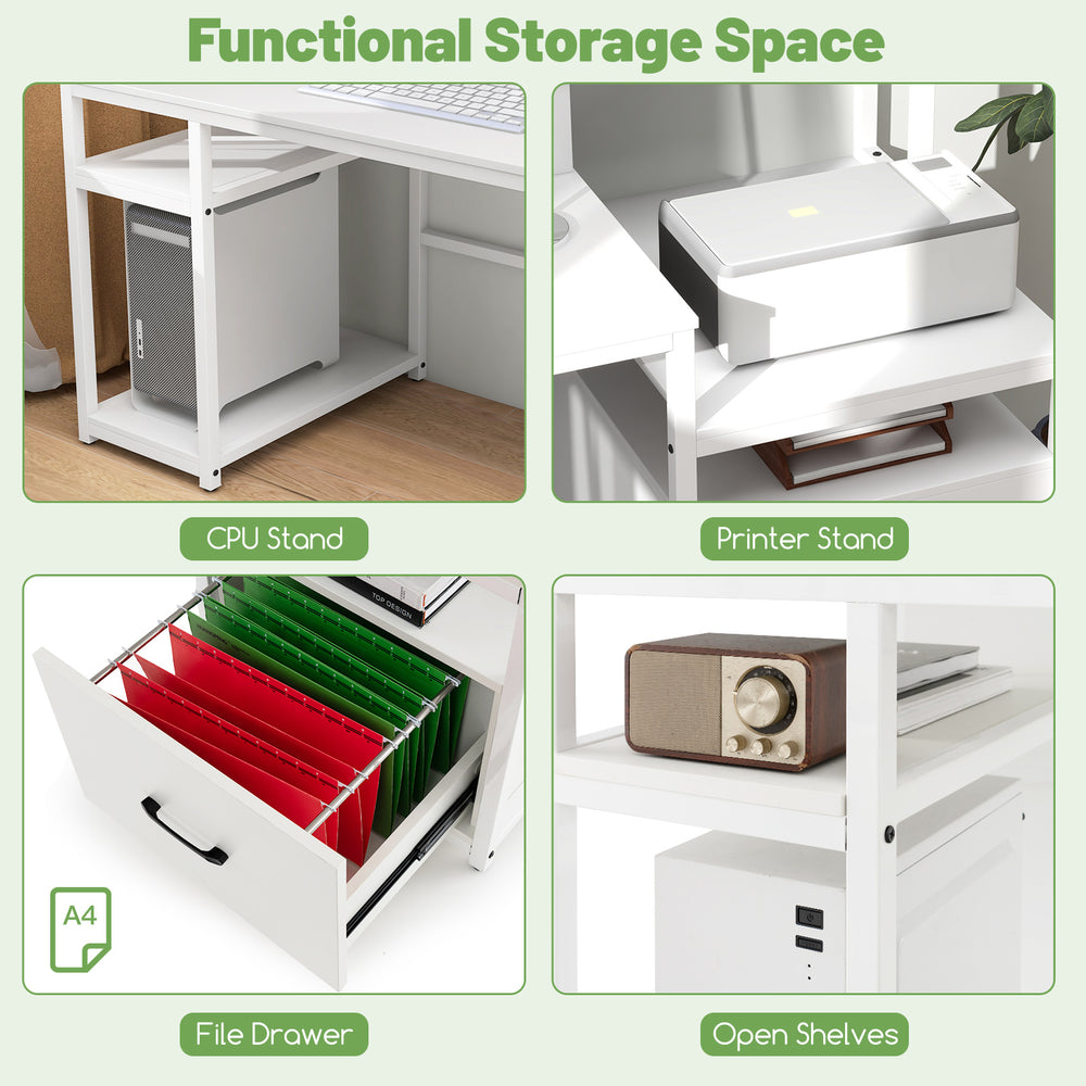 67-inch white computer desk featuring a file drawer, printer stand, and open shelves for organized storage and.