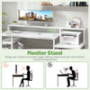 Monitor stand elevates screens for better posture, featuring a 67-inch white desk with ample storage and charging.