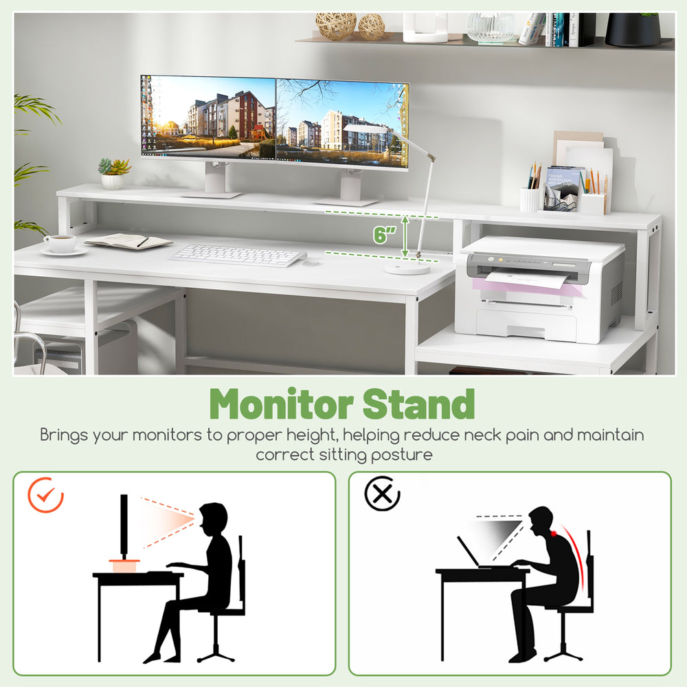 Monitor stand elevates screens for better posture, featuring a 67-inch white desk with ample storage and charging.