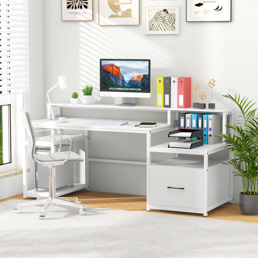 67-inch white computer desk with monitor stand, file drawer, and USB ports, ideal for home office or study setup.