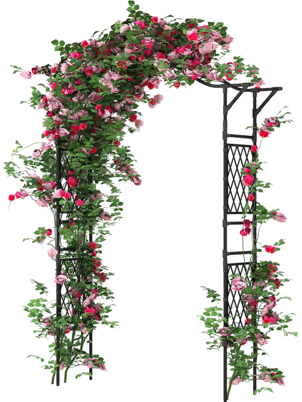 Garden arch trellis in black metal, 67 x 83 inches, adorned with climbing plants and flowers for outdoor decor.