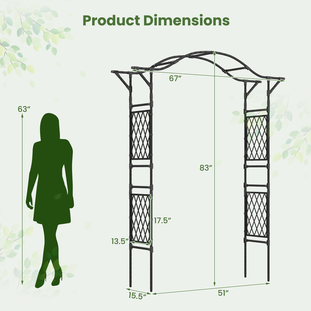 Garden arch trellis dimensions showing a 67 x 83 inch black metal pergola for climbing plants and wedding decor.