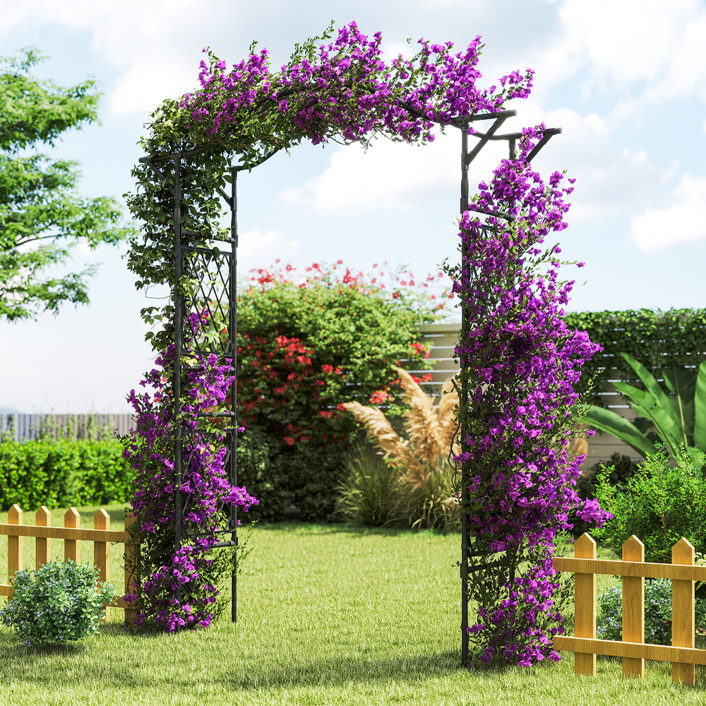 Garden arch trellis in black metal, 67 x 83 inches, ideal for climbing plants and as a wedding backdrop.