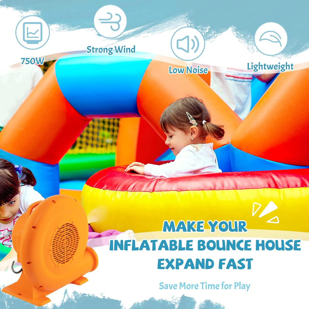 750W air blower for inflatables with 25ft wire, GFCI plug, and low noise design for safe, efficient inflation.