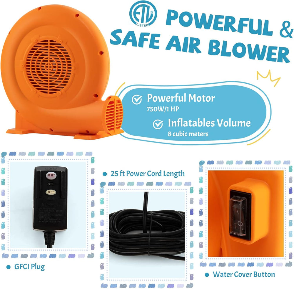 750W air blower for inflatables with 25ft GFCI cord, featuring a powerful motor and safe outdoor use design.