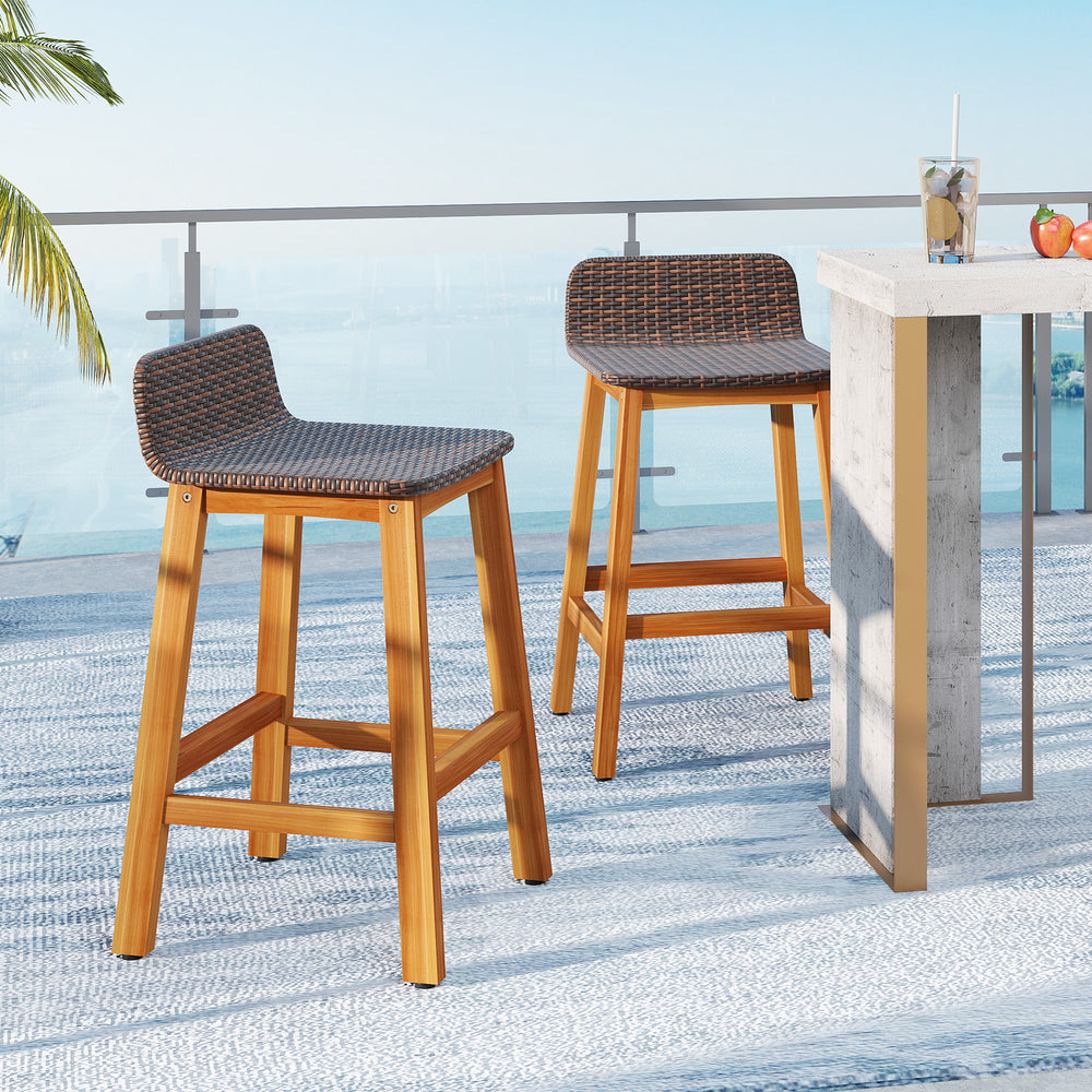 Solid Acacia Wood Bar Stools Set of 2 with Backrests and Footrests for Porch-Brown - Gallery View 1 of 8