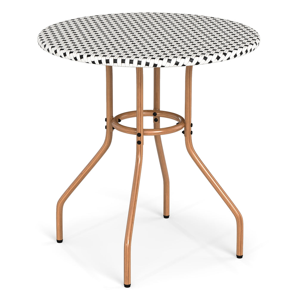27.5 inch outdoor bistro table with white PE rattan top and sturdy metal frame, perfect for patio or garden use.