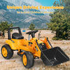 Kids ride-on excavator digger in yellow with realistic front loader design, suitable for various terrains and safe.