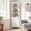 Tall white bathroom storage cabinet with fluted doors, featuring 3 open shelves and a secure cabinet, ideal for small.