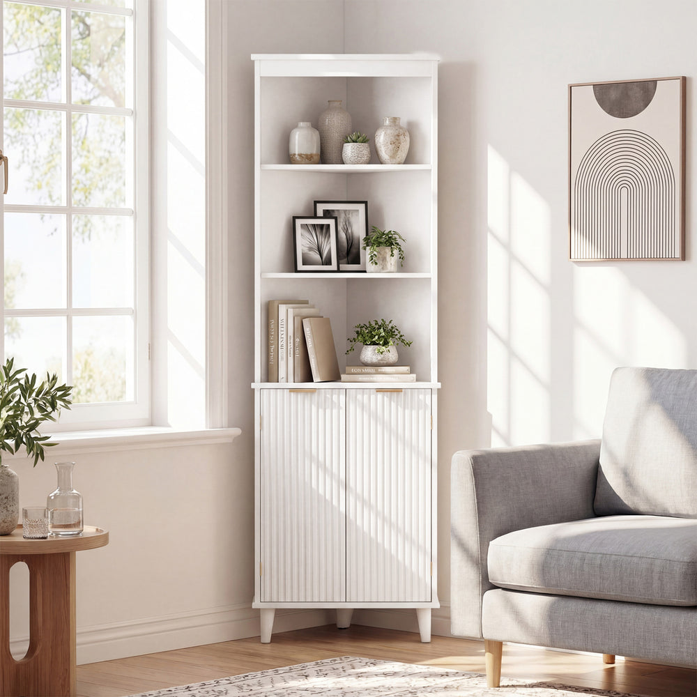 68 Inch Tall Bathroom Floor Storage Cabinet with Fluted Doors-White - Gallery View 1 of 11