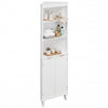 Close-up of the fluted doors on a 68-inch tall white bathroom storage cabinet, enhancing visual interest in tight.