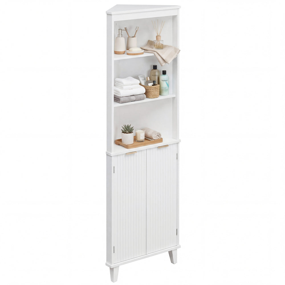Close-up of the fluted doors on a 68-inch tall white bathroom storage cabinet, enhancing visual interest in tight.