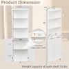 Dimensions of the 68-inch tall white bathroom storage cabinet, showcasing shelf heights and weight capacity for.