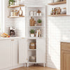Tall white bathroom storage cabinet with fluted doors, featuring 3 open shelves and a secure cabinet for versatile use.