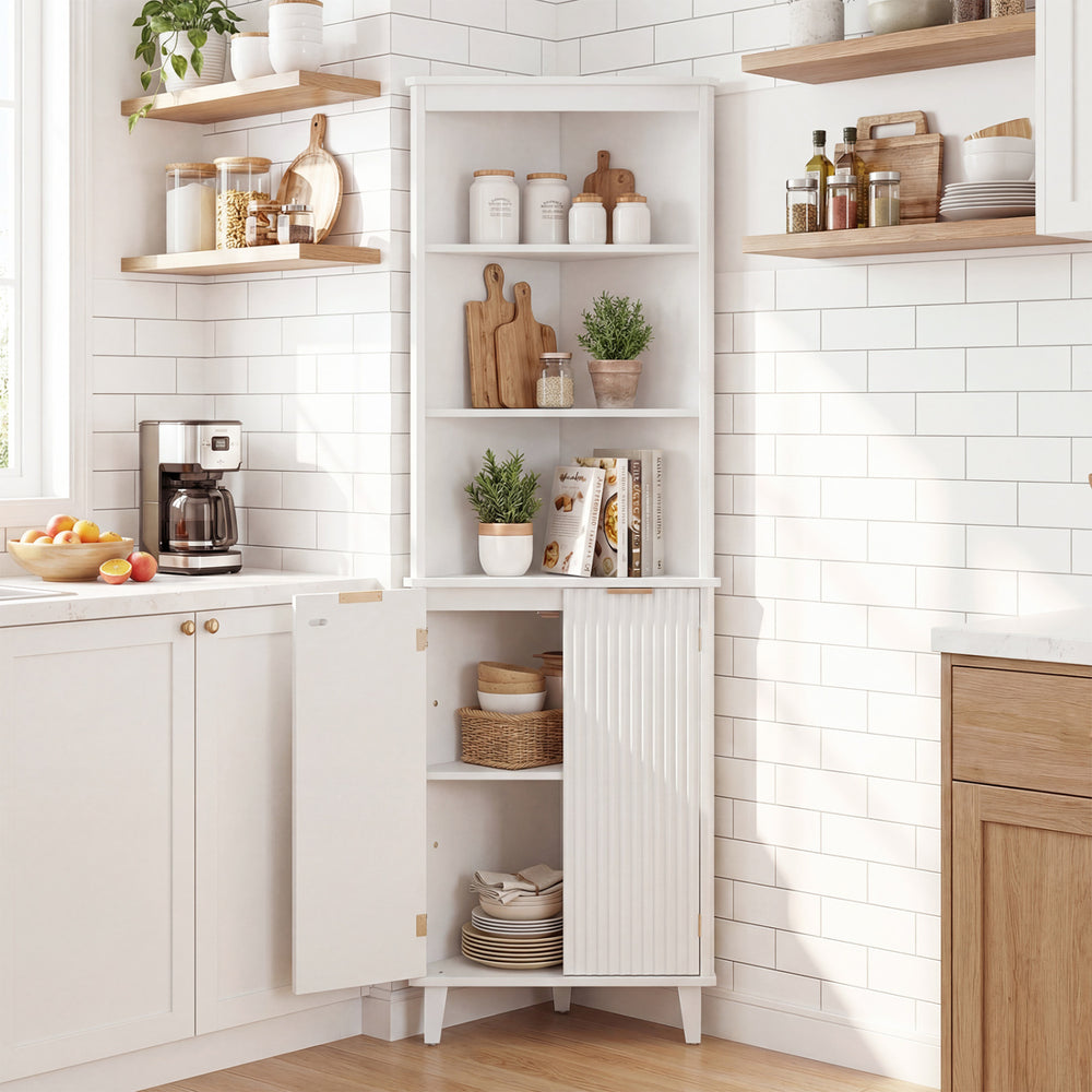 Tall white bathroom storage cabinet with fluted doors, featuring 3 open shelves and a secure cabinet for versatile use.
