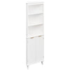 Side view of a 68-inch tall white bathroom storage cabinet with fluted doors, showcasing ample shelf space for.