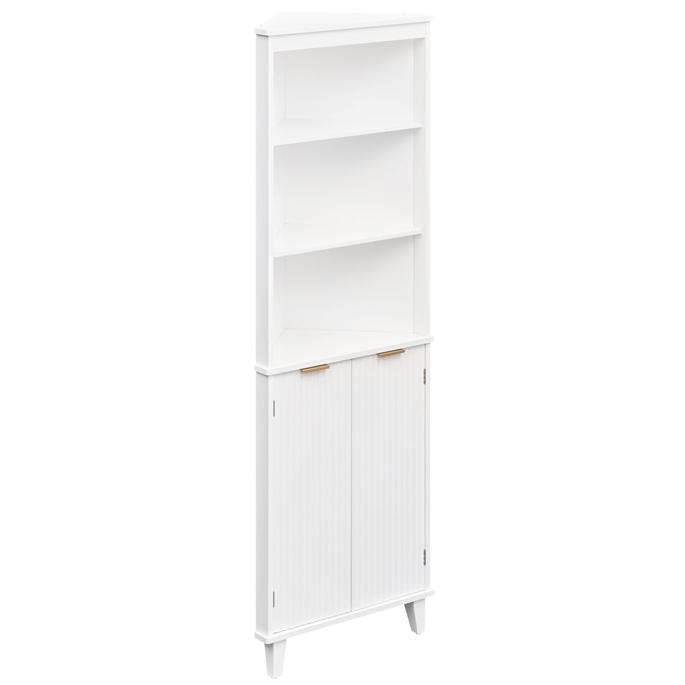 Side view of a 68-inch tall white bathroom storage cabinet with fluted doors, showcasing ample shelf space for.