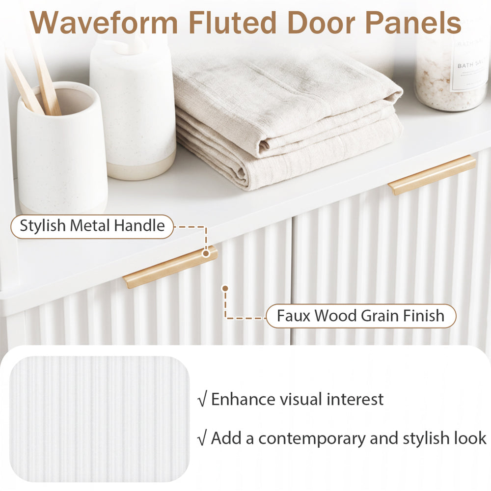 Fluted door panels of a 68-inch tall bathroom storage cabinet in white with a stylish metal handle for contemporary.