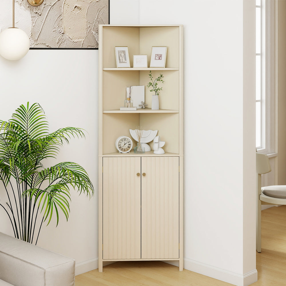 Tall beige corner cabinet with 5 shelves and 2 fluted doors, perfect for space-saving storage in small areas.