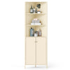 Beige 68-inch tall corner cabinet with 5 shelves and 2 fluted doors, perfect for bathroom storage solutions.