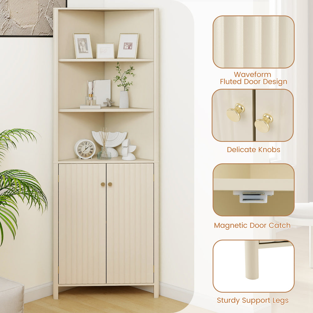 68-inch tall beige corner cabinet with 5 shelves and fluted doors, perfect for organizing small spaces in bathrooms or.