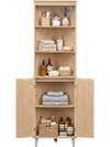 68-inch tall corner cabinet in oak with fluted doors, featuring 3 open shelves and a secure cabinet for stylish storage.
