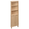 Tall oak corner cabinet with fluted doors, featuring 3 open shelves and a secure cabinet, ideal for small spaces.