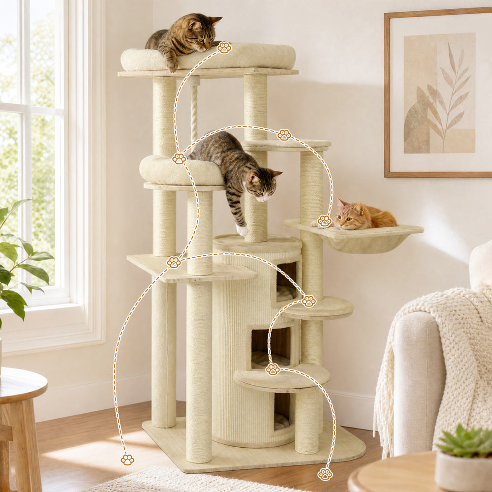 Three cats explore the 68-inch beige wooden cat tree with a cozy hammock and multi-level platforms for play and rest.