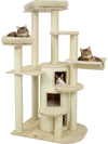 Wooden 68-inch cat tree in beige features a 3-story condo, hammock, and multiple scratching posts for playful kittens.