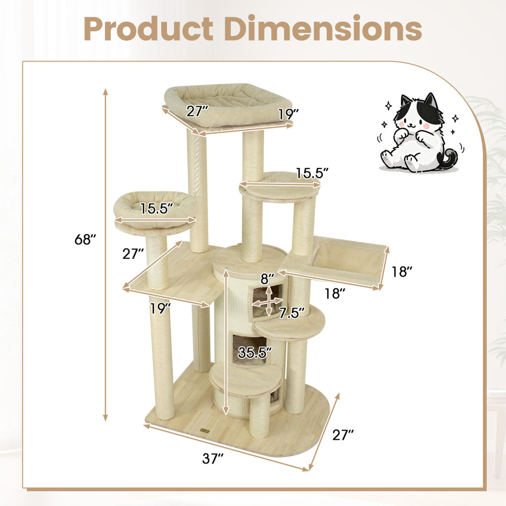 Wooden cat tree with 3-story condo, hammock, and sisal scratching posts, perfect for kittens' play and relaxation.