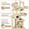 Three-story beige cat tree featuring a cozy hammock, plush cat bed, and climbing platforms for playful exploration.