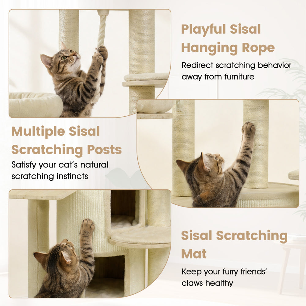 Wooden cat tree with multiple sisal scratching posts, cozy hammock, and spacious top perch for playful kittens.