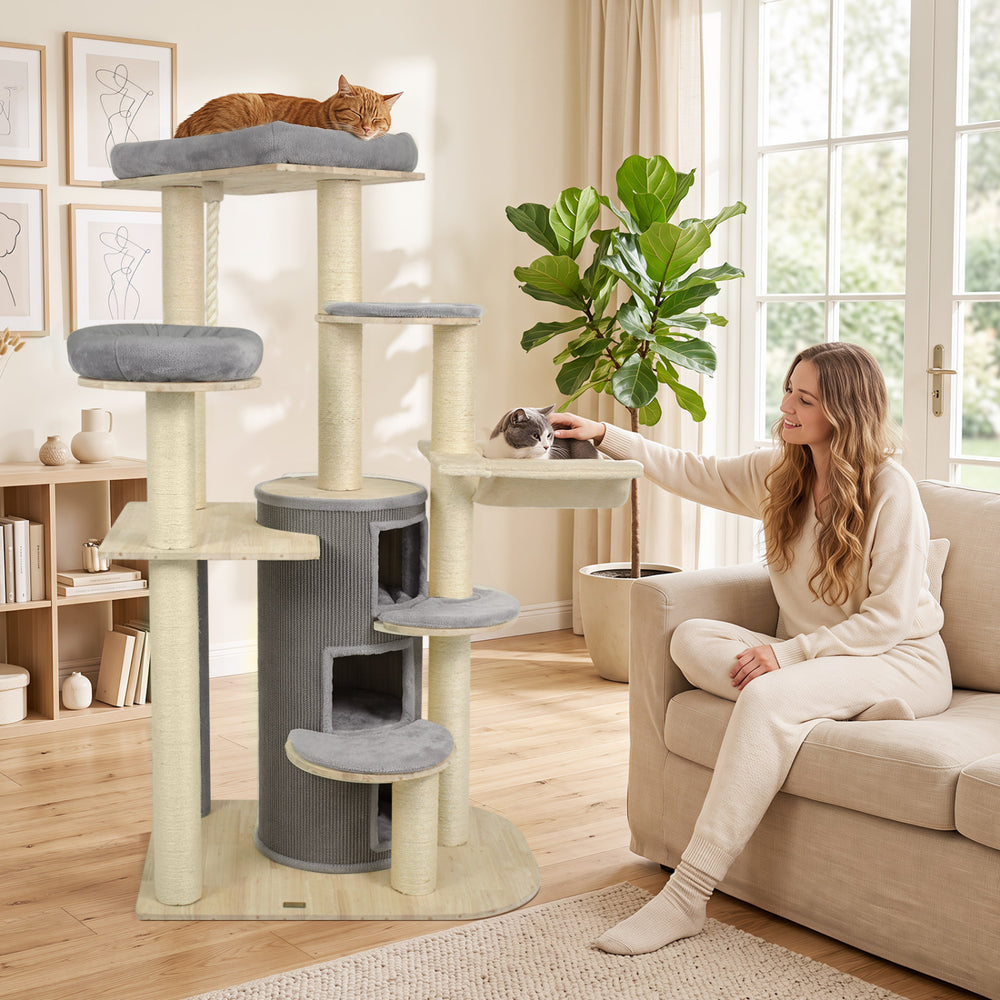 68 Inch Wooden Cat Tree with 3-Story Condo and Hammock for Kittens-Gray - Gallery View 1 of 10