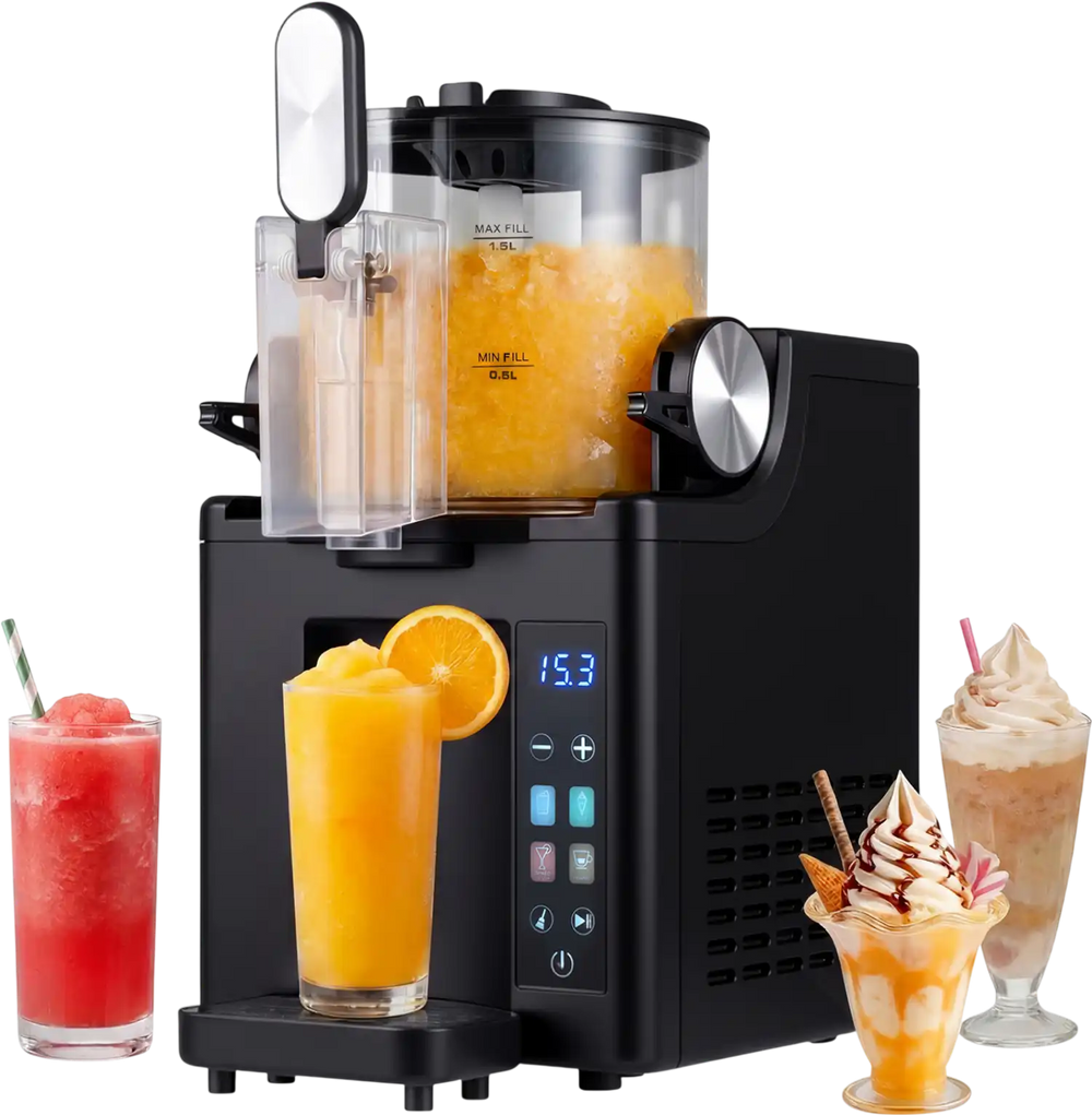 The 68 oz Frozen Drink Maker in black creates slushies and ice cream with four preset modes for easy home use.