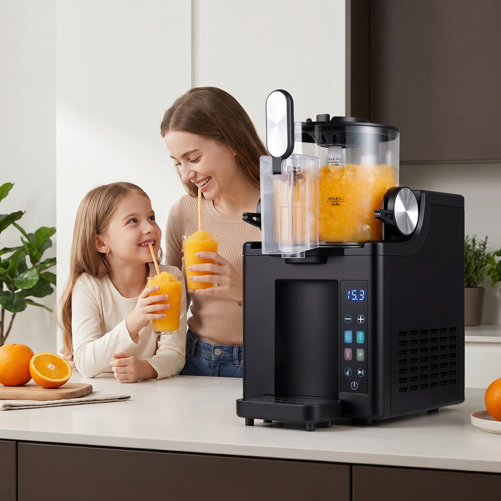 Frozen drink maker in black with 68 oz capacity, perfect for slushies and ice cream, used by a mother and daughter.