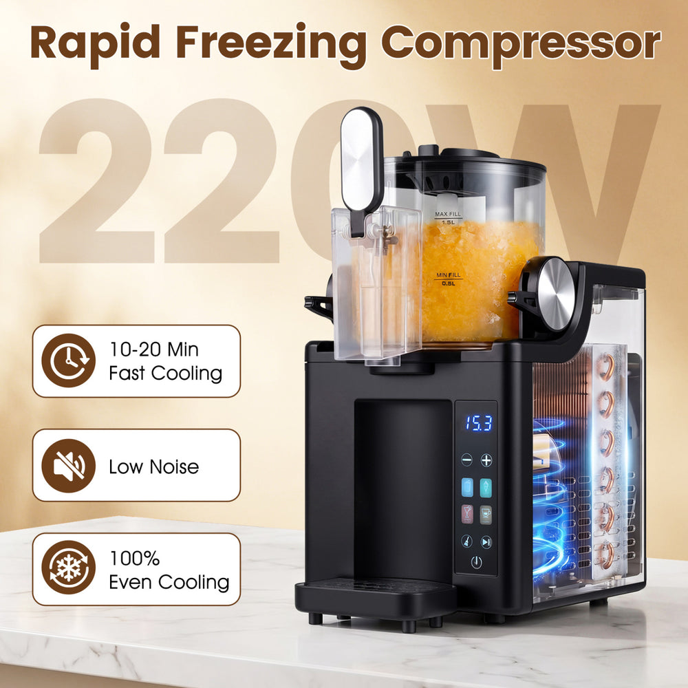 68 oz frozen drink maker in black with rapid freezing compressor for quick slushies and ice cream at home.