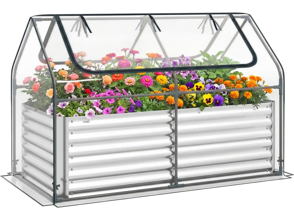 Galvanized raised garden bed with high-quality PVC cover, showcasing vibrant flowers and roll-up windows for.