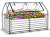 Galvanized raised garden bed with high-quality PVC cover, showcasing vibrant flowers and roll-up windows for.