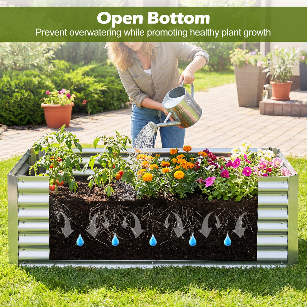 Galvanized raised garden bed with cover, featuring open bottom design for healthy plant growth and preventing.