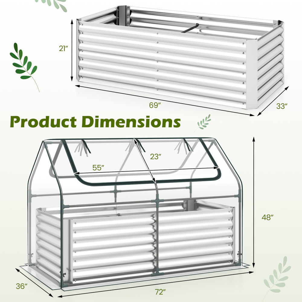 Galvanized raised garden bed with cover, measuring 68 x 33 x 21 inches, featuring roll-up windows for easy access.