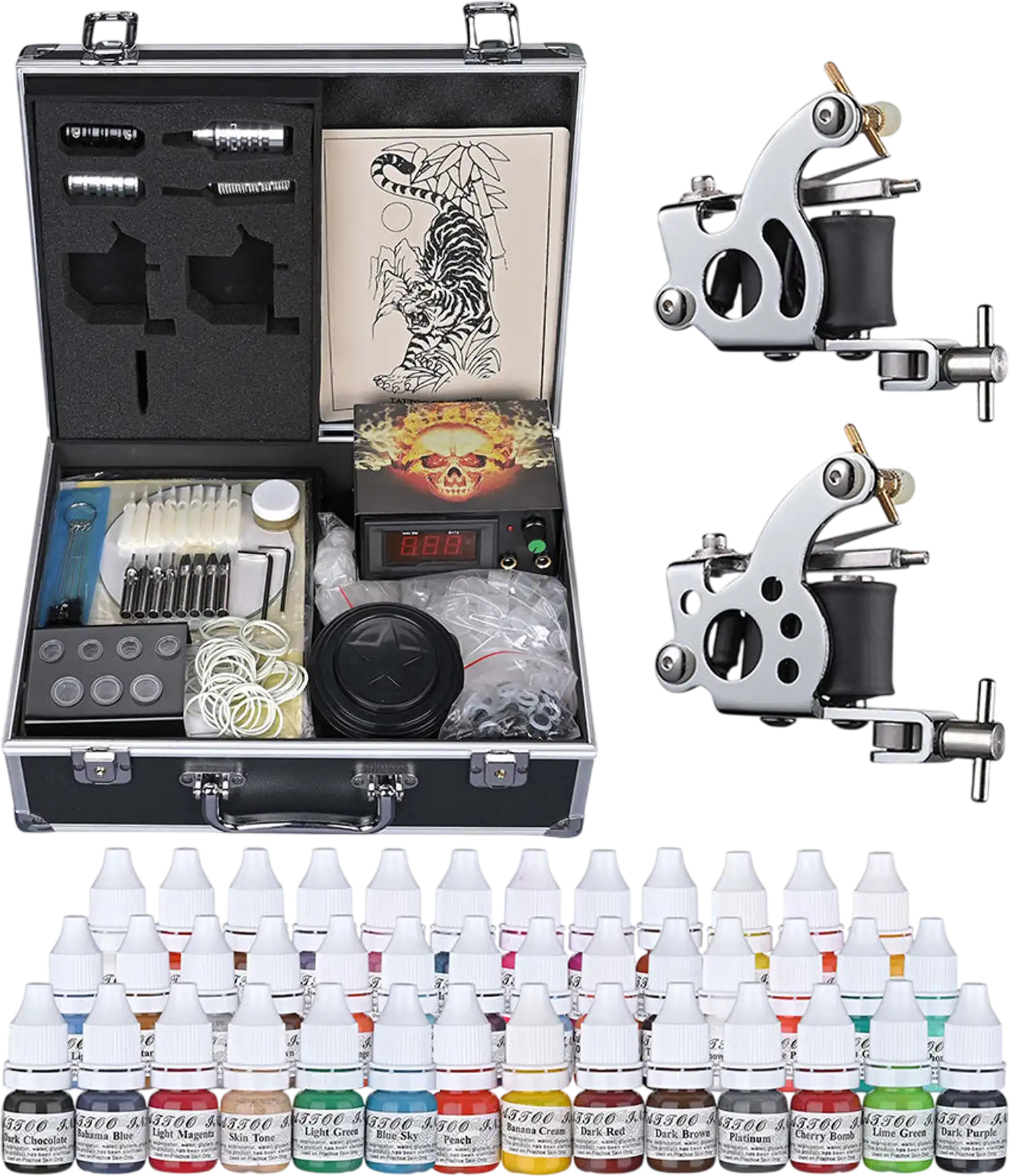 Yescom Tattoo Machine Kit 2 Guns LCD Power Supply 40 Color Inks & Case New