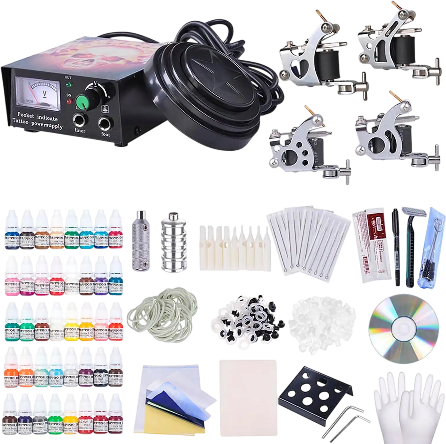 Yescom Tattoo Machine Kit 4 Guns w/ LCD Power Supply 40 Color Inks New