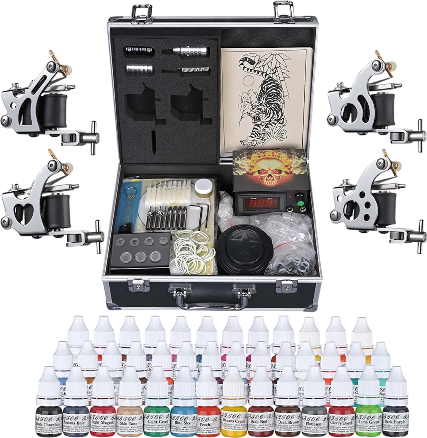 Yescom Tattoo Machine Kit 4 Guns LCD Power Supply 40 Color Inks & Case New